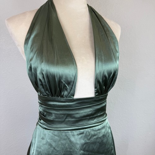 Lucy in the Sky Satin Backless Halter Dress Deep Green With Waist Tie & Zipper - Picture 4 of 11