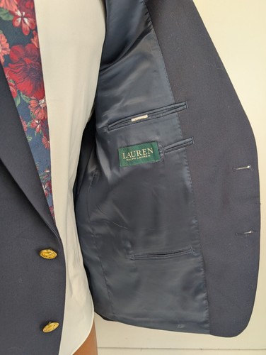 NWT RALPH LAUREN Mens Dark Navy Blue Gold Button 100% Wool Sport coat 46R - Picture 8 of 10