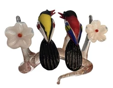 Tiny Art Glass 2.75" Love Birds on Pink Branch w Flowers VTG Murano Style Mini