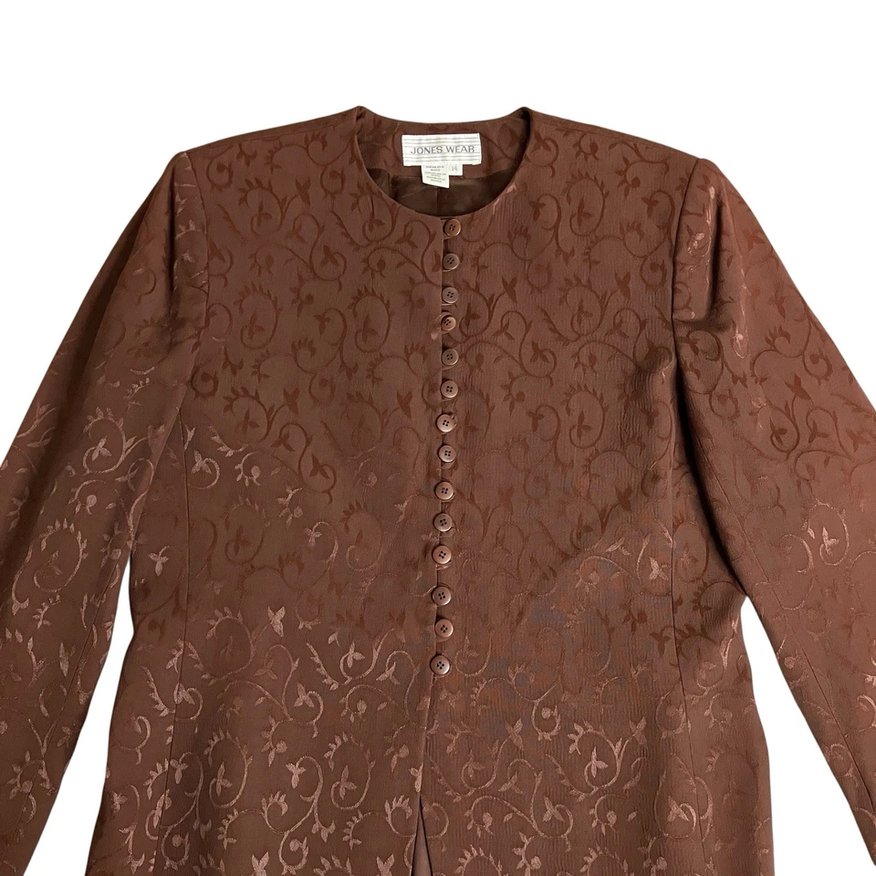 Chaqueta Blazer Mujer Jones Wear De Colección 14 Marrón Floral Brocado Jacquard Longline Foto 2 de 4