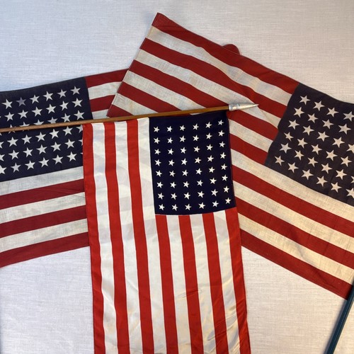 3 VTG 48-Star USA Parade Flags 2 Cloth 28" x 17" One Silk, 14.5" x 24" on Sticks - Picture 22 of 24