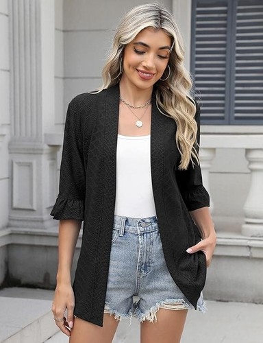 Women's Cardigan 3/4 Sleeve Open Front Casual Cozy Ruffles Sleeve Thin Cardigans - Picture 4 of 4