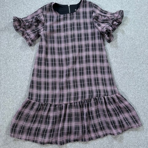 Kidpik Plaid Ruffle Hem Dress Girls Medium 10 Prism Pink Metallic Short Sleeve