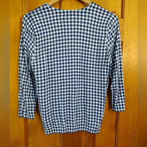 Talbots Charming Cardigan Blue & White Check Gingham 3/4 Sleeve Button sweater - Picture 5 of 6