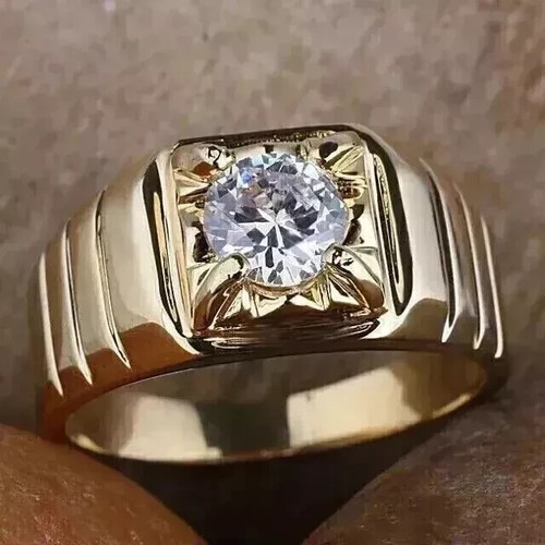 2CT Round Cut Real Moissanite Men's Solitaire Ring 14k Yellow Gold Plated Silver - Picture 6 of 7
