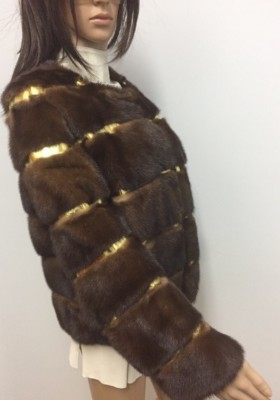 BROWN MINK FUR COAT JACKET GOLDEN LEATHER LINES HORIZONTAL Sz.M