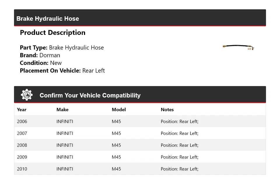 Manguera hidráulica de freno trasera izquierda Infiniti M45 Dorman 2006-2010 2007 2008 2009 Foto 2 de 4