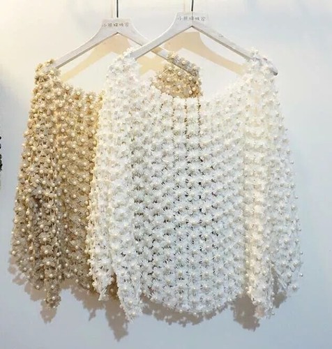 Women's Handmade Cape Pearl Beads Tops Hollow Out Lace Half Sleeve Loose Shirts - Picture 9 of 22