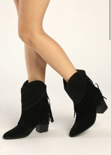 Lulu’s Reseany Black Velvet Fringe Pointed-Toe Mid-Calf Boots Size 6.5