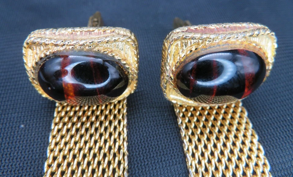 Gemelos envolventes de malla ovalada piedra ágata marrón dorado vintage espalda de bala Foto 2 de 4