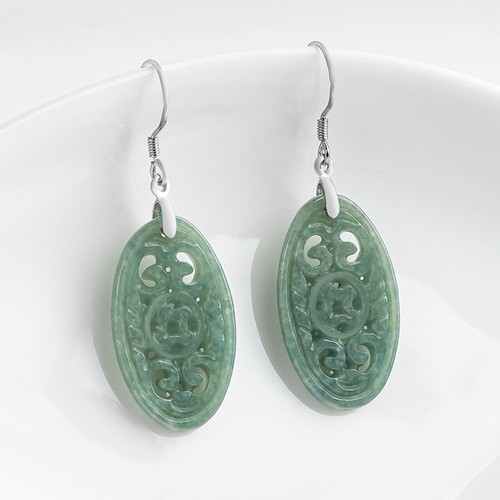 Zertifiziert 925 Sterlingsilber natürliche A-Klasse Jade Jadeit ovale Ohrhänger - Bild 1 von 9