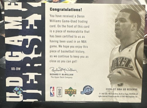 2007-08 Oberdeck Spiel Trikot Deron Williams Utah Jazz #UD-DW - Bild 2 von 2