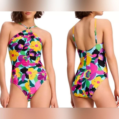 KATE SPADE Women's Orchid Bloom High Neck Rauched One Piece Swimsuit Size M NWT - Picture 4 of 16