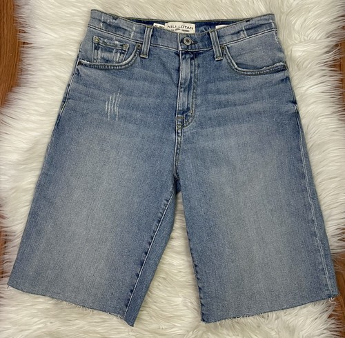 NWT Nili Lotan High Rise Boyfriend Bermuda Denim Shorts Raw Hem Blue Size 25 - Picture 2 of 5
