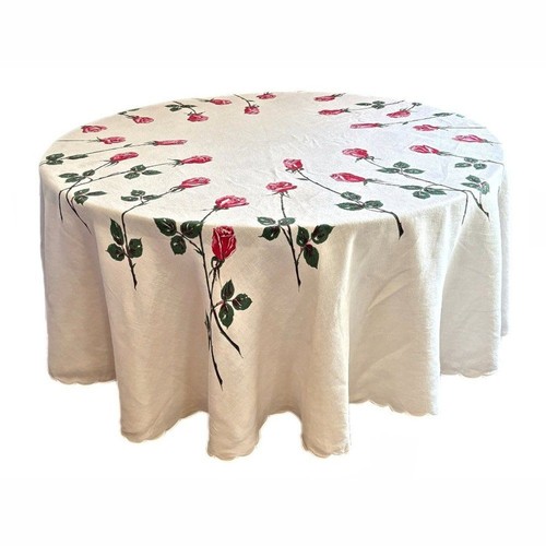 Tovaglia lino vintage anni 50 ovale rossa gambo lungo rosa casetta nucleo casale  - Foto 1 di 4