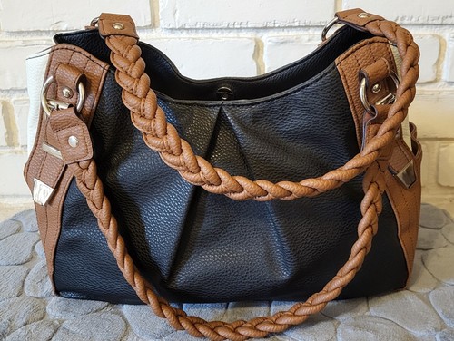 APT 9 Womens Braided Double Handle Handbag Purse Color Block Black Tan Cream NEW - Picture 3 of 9