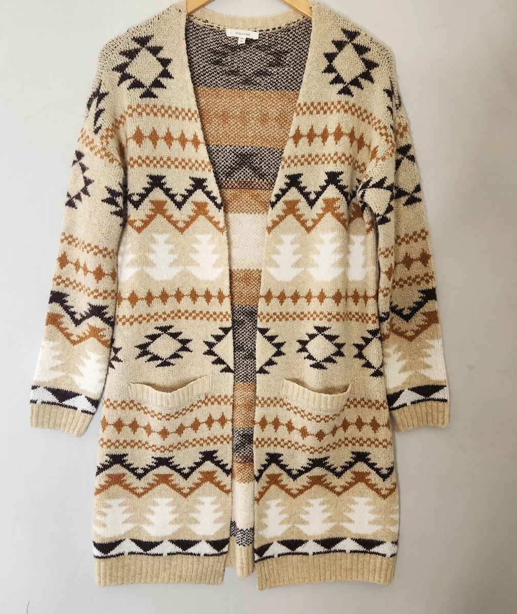 Maurices Long Cardigan Duster Sweater Azteca Brown Beige Womens S