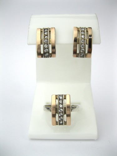 Set Ring Earrings Silver 925 and Gold 375 Size 9 Ukraine USSR - Picture 4 of 24