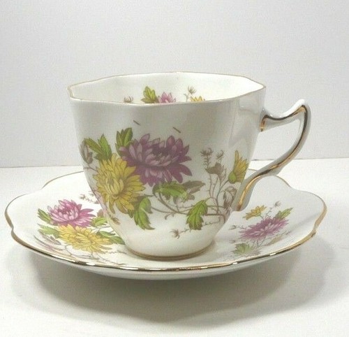 Vintage Royal Taunton Cup Saucer White Pink Yellow Flowers Gold Trim England A - Picture 10 of 12