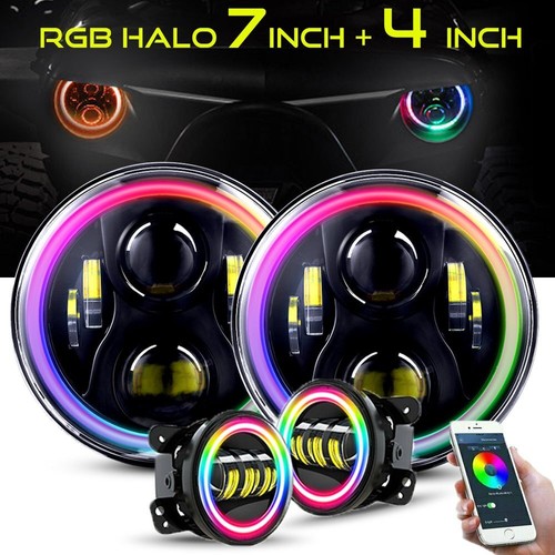 7'' RGB Halo LED Headlight + 4'' Fog Light Pods Combo for Jeep Wrangler JK 07-17 - 第 1/12 張圖片