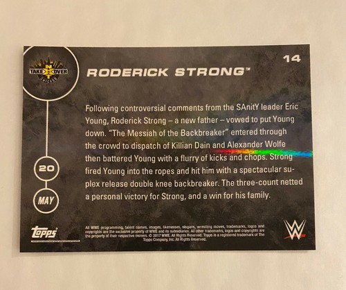 RODERICK STRONG Defeats ERIC YOUNG WWE Topps Now 2017 NXT TakeOver Chicago #14 - Picture 2 of 2
