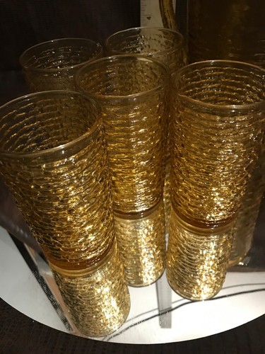Set of 5 Glasses Mid Century Modern Retro Amber Gold RippleTea Glasses w/pitcher - Picture 4 of 4