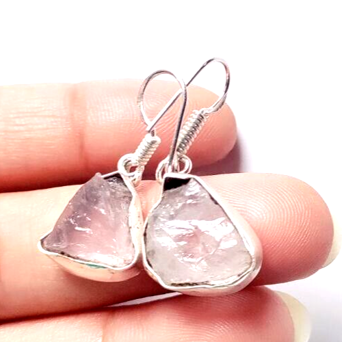 Natural Rose Quartz Gemstone 925 Sterling Silver Handmade Jewelry Earrings 1.30" - Picture 10 of 11