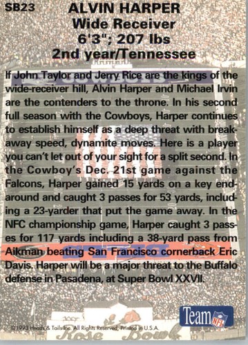 1993 Heads and Tails SB XXVII #SB23 Alvin Harper - Dallas Cowboys - Picture 2 of 2