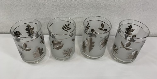 Set di 4 bicchieri vintage MCM Libbey ARGENTO smerigliato foglia fogliame 4,5" - Foto 3 di 9