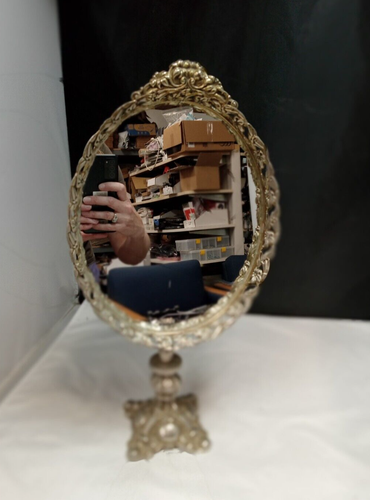 Magnificent Antique Mirror Oval Swivel On Foot Spelter Weathered Bronze Vintage - Picture 7 of 14