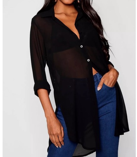 women s long sleeve / Button Down Chiffon Top W/ Slits On Side / Black - Picture 4 of 8
