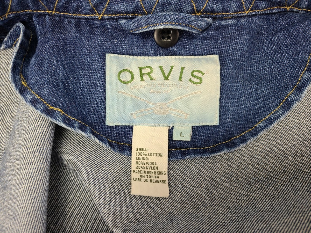 Orvis Denim Blue Jeans Jacket Four Pocket Full Zip Mens Large L