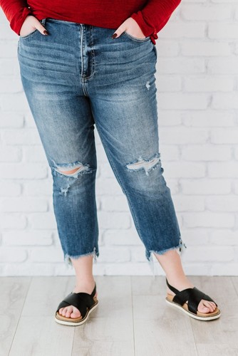 RISEN Hi Rise Crop Step Sz 1 raw chew hem distressed jean STRETCHY St# RDP5066 - Picture 5 of 7