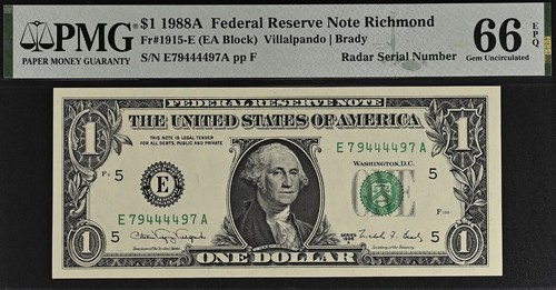 1988A $1 Federal Reserve Note PMG 66EPQ - Fancy Radar Serial Number 79444497 - Picture 2 of 3