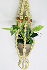 Macrame Plant Hanger Woven White Wood Beads 3...