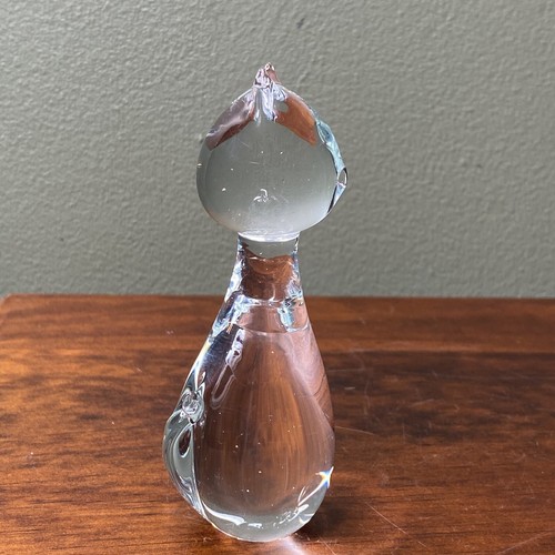 Blown Clear Art Glass Cat Kitty Figurine 4.5" Paperweight - Picture 3 of 7
