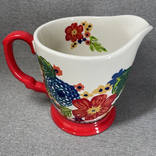 Pioneer Woman 4 Cup Measuring Pitcher Dazzling Dahlia Flowers Red Handled Spout - Picture 3 of 9