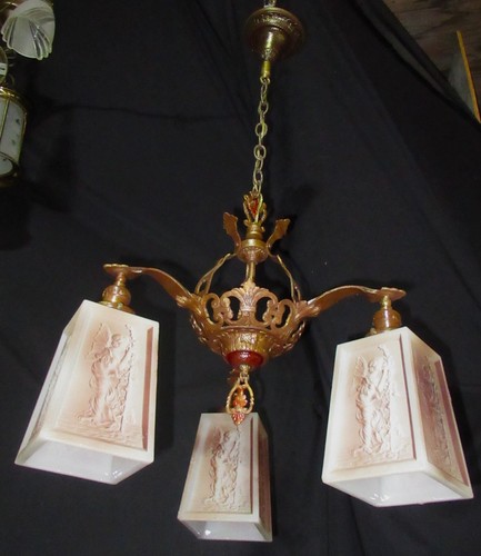 VTG ART NOUVEAU HANGING METAL CHANDELIER CEILING FIXTURE W/ GLASS SHADES 1930's - Picture 12 of 12