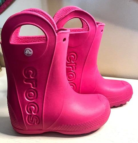 CROCS Handle It Wellington Waterproof Rain Boots Pink Girls Toddler Size C12 - Picture 2 of 8