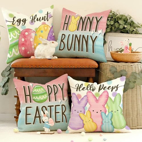 Happy Easter Decorations Eggs Rabbit Throw Pillow Covers Gift 4PCS 18"x18" - Picture 11 of 12