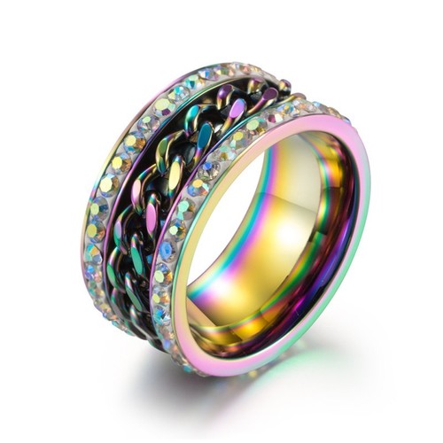 11mm Black/Gold/Rainbow Cz Band Men's Stainless Steel Spinner Chain Wedding Ring - Picture 14 of 14