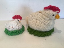 2 Vintage Handmade Crochet Egg Cozy Hens Chickens Spring Decor. CUTE 