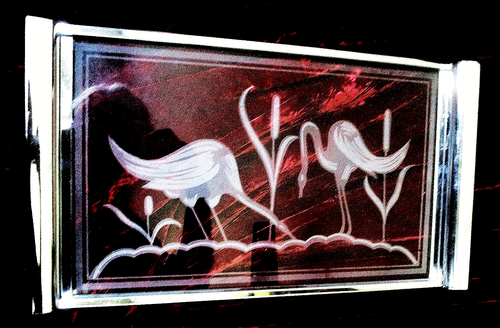 VINTAGE 1930'S ART DECO ETCHED GLASS CRANES - CHROME SERVING TRAY -USA - Picture 1 of 4