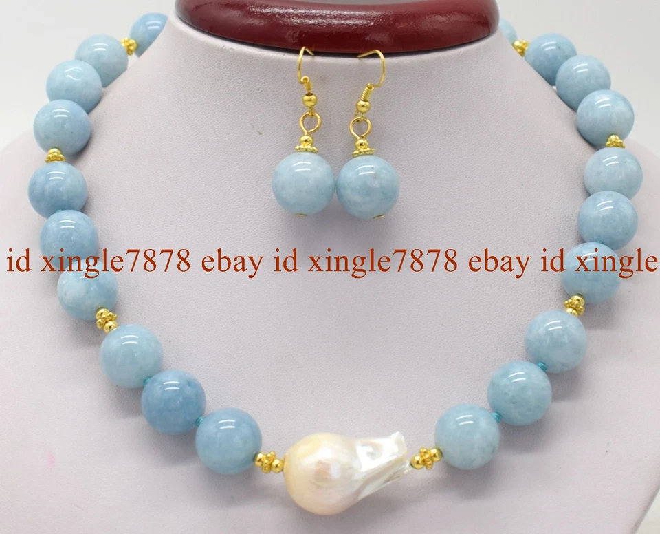 14mm Natural Round Gemstone & White Baroque Pearl Necklace 20" + Earrings Set - Image 4 of 4