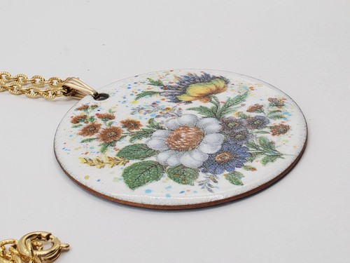 Vintage Mid century Copper Enamel Floral Pendant Necklace Signed - Picture 7 of 15