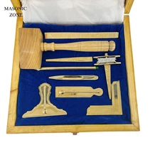 Masonic Working Tools Set Real Gold Plated Standard Full Size Natural Wooden Box
