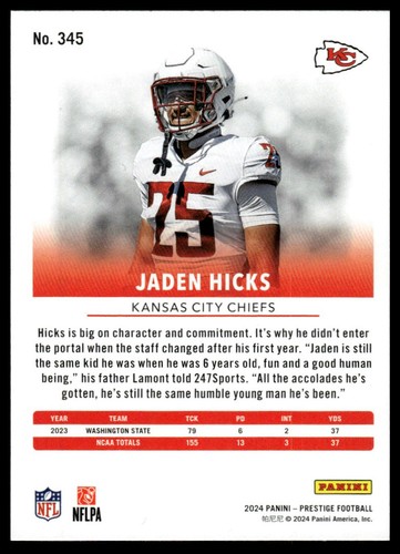 Jaden Hicks 2024 Panini Prestige #345 RC Kansas City Chiefs - Picture 2 of 2