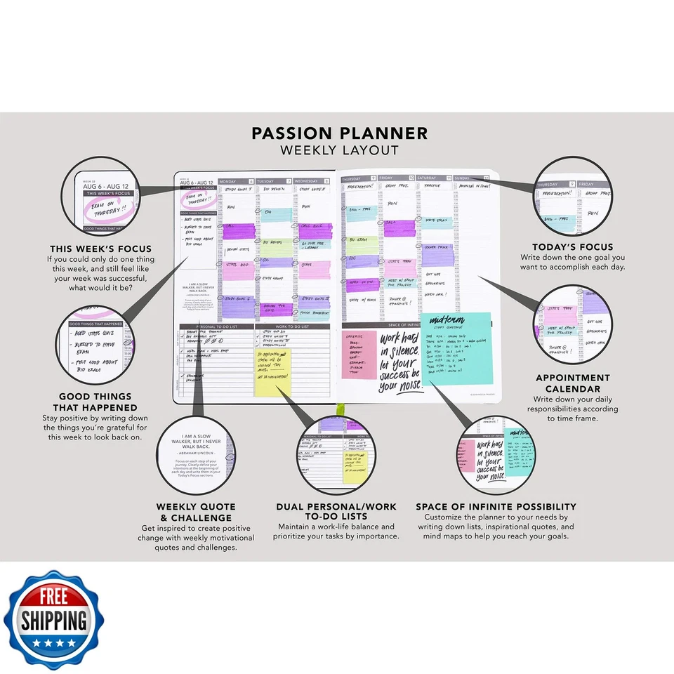 Passion Planner Semanal 2025-2026 Mediados de Año Domingo Agenda Orientada a Goles, 52-Wee Foto 4 de 4