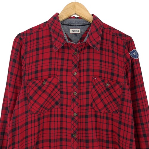 Hilfiger Denim Women Shirt Red Plaid Flannel Cotton Mo0 Size XL - Picture 2 of 9