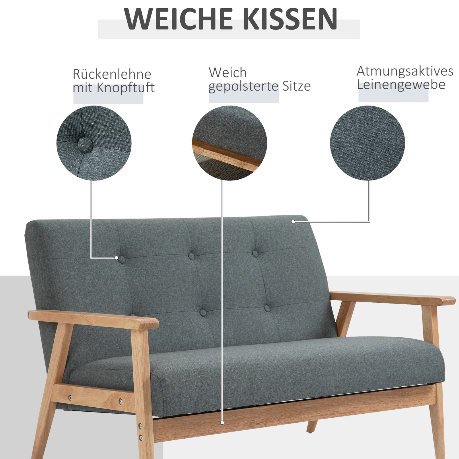 HOMCOM 2 Sitzer Sofa Doppelsofa Polsterung Loveseat kompakt Leinen Grau